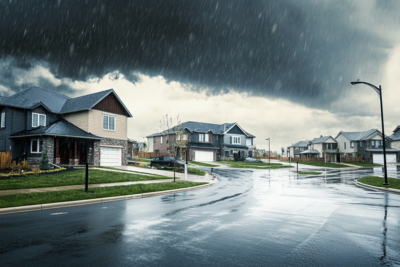 A residential neighborhood on a rainy day with a stormy sky in the background.