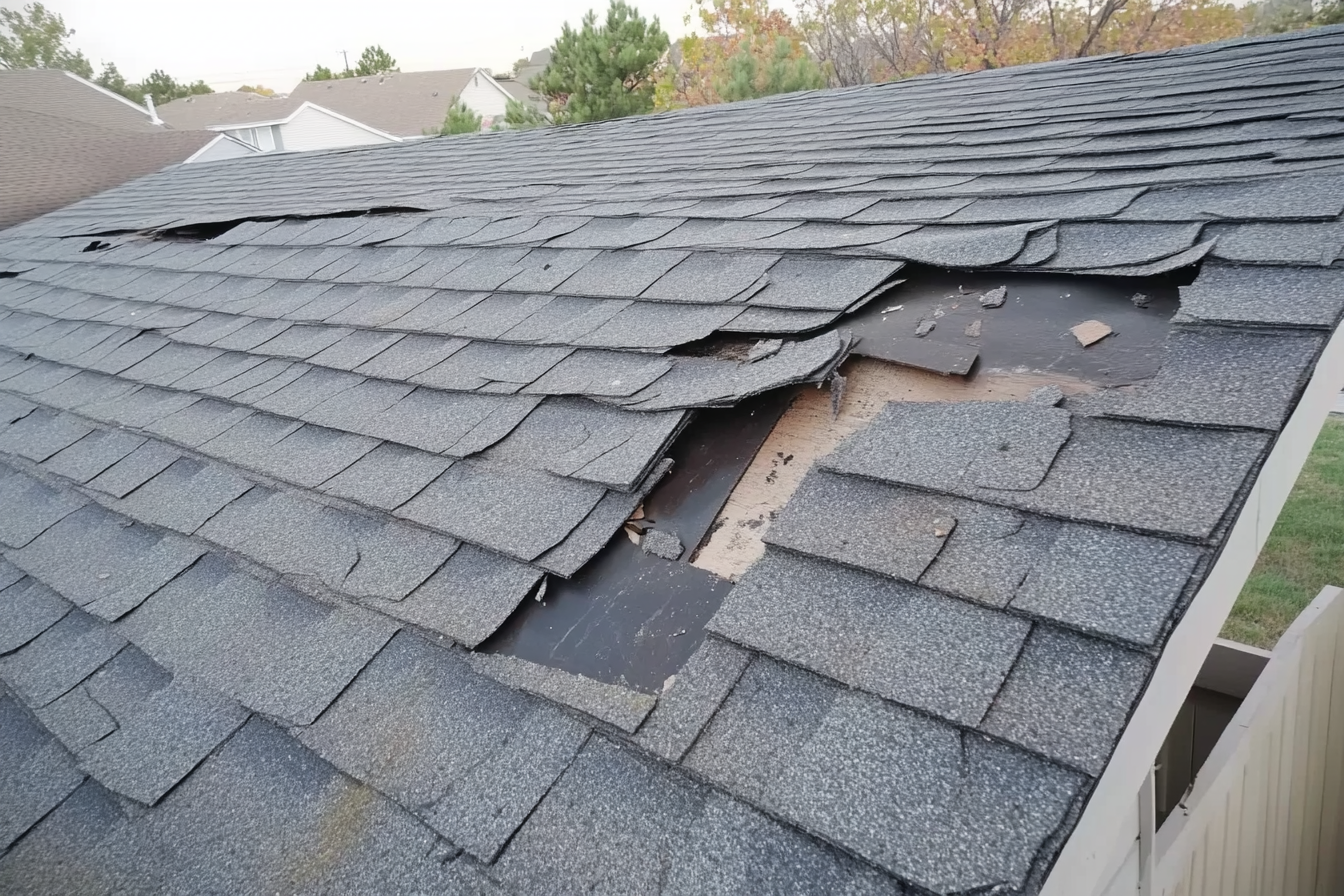 A roof with shingles missing and a hole in it.
