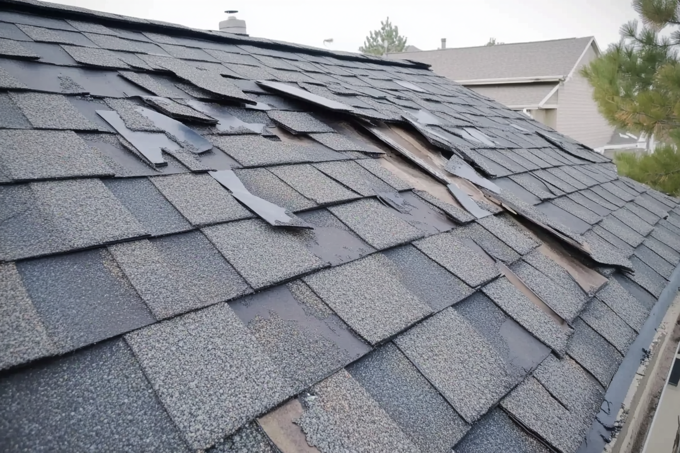 A close up of a roof with shingles missing