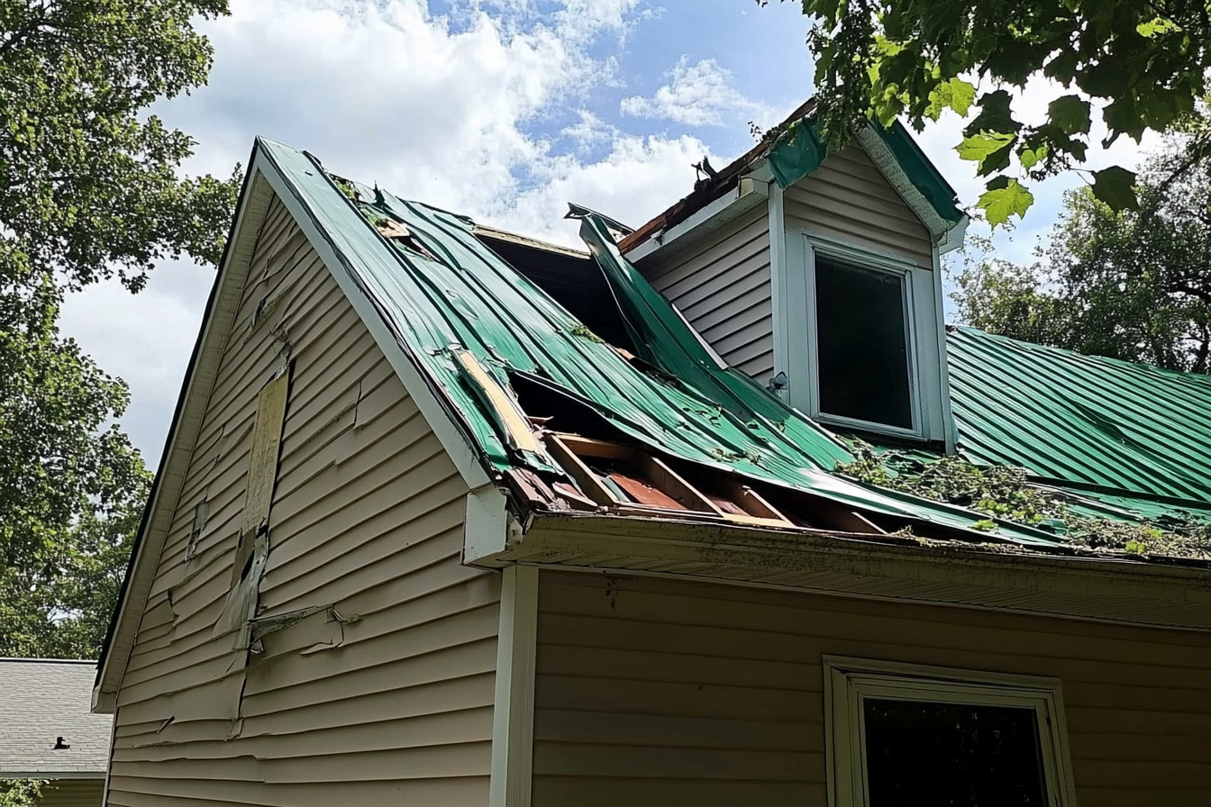 A house with a green roof and a broken window.