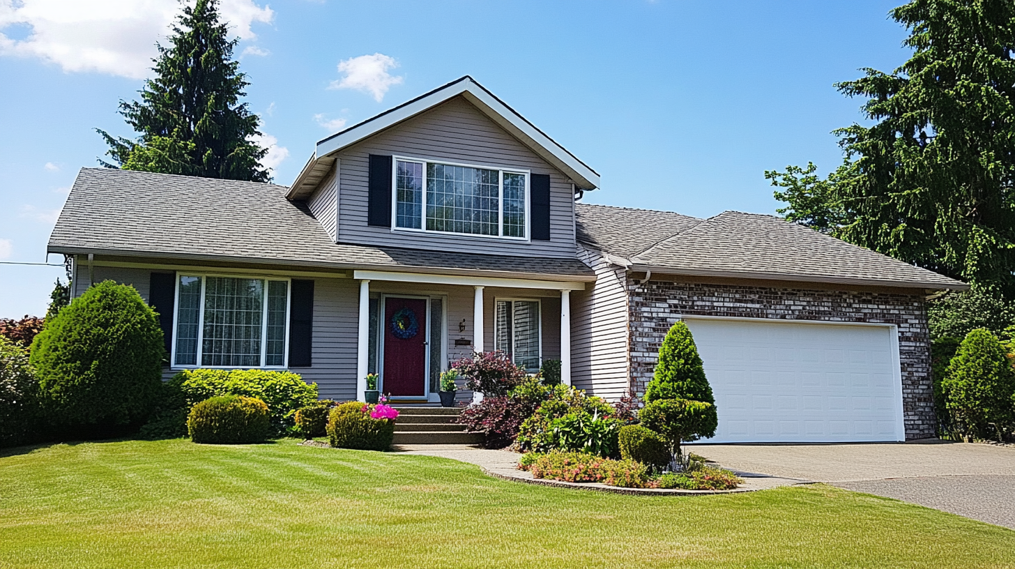 A house with a red door and a white garage door