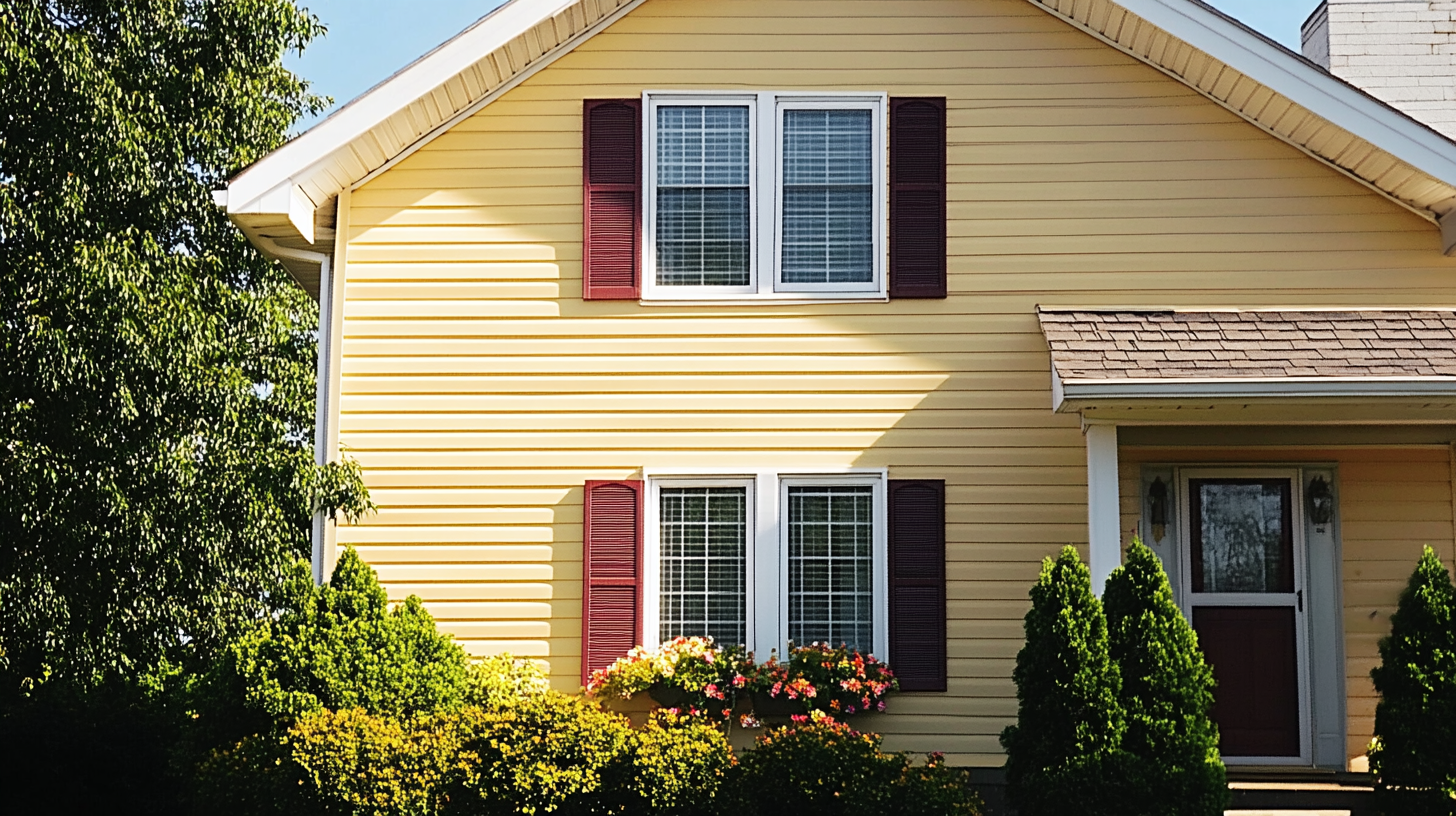 A yellow house with red shutters on the windows