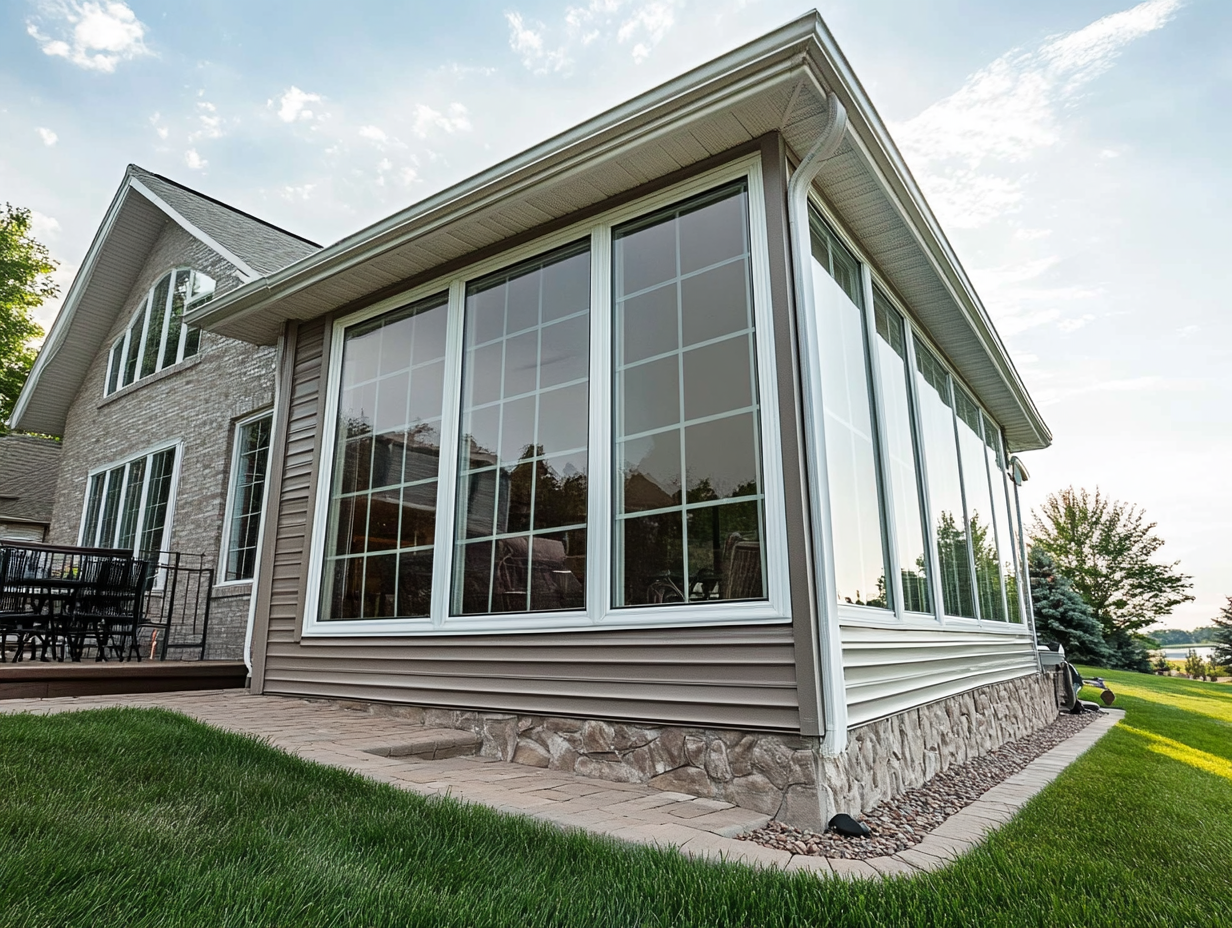 A sun room with a lot of windows on the side of a house.