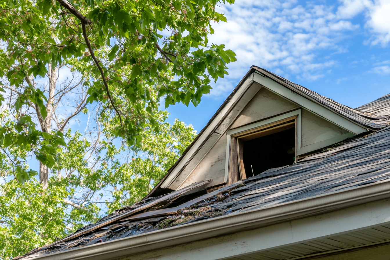 A house with a broken roof and a window in the roof.