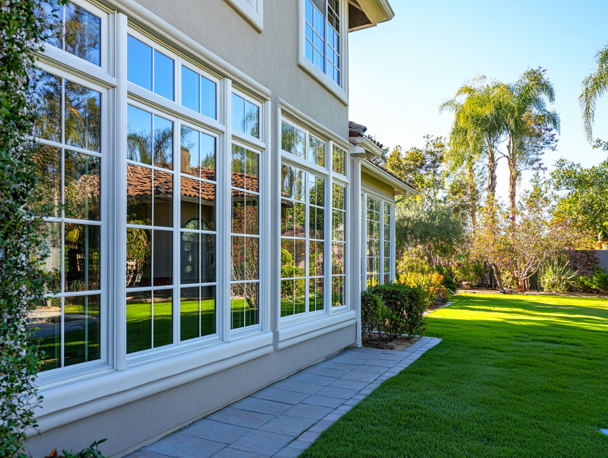 A large house with a lot of windows and a lush green lawn.