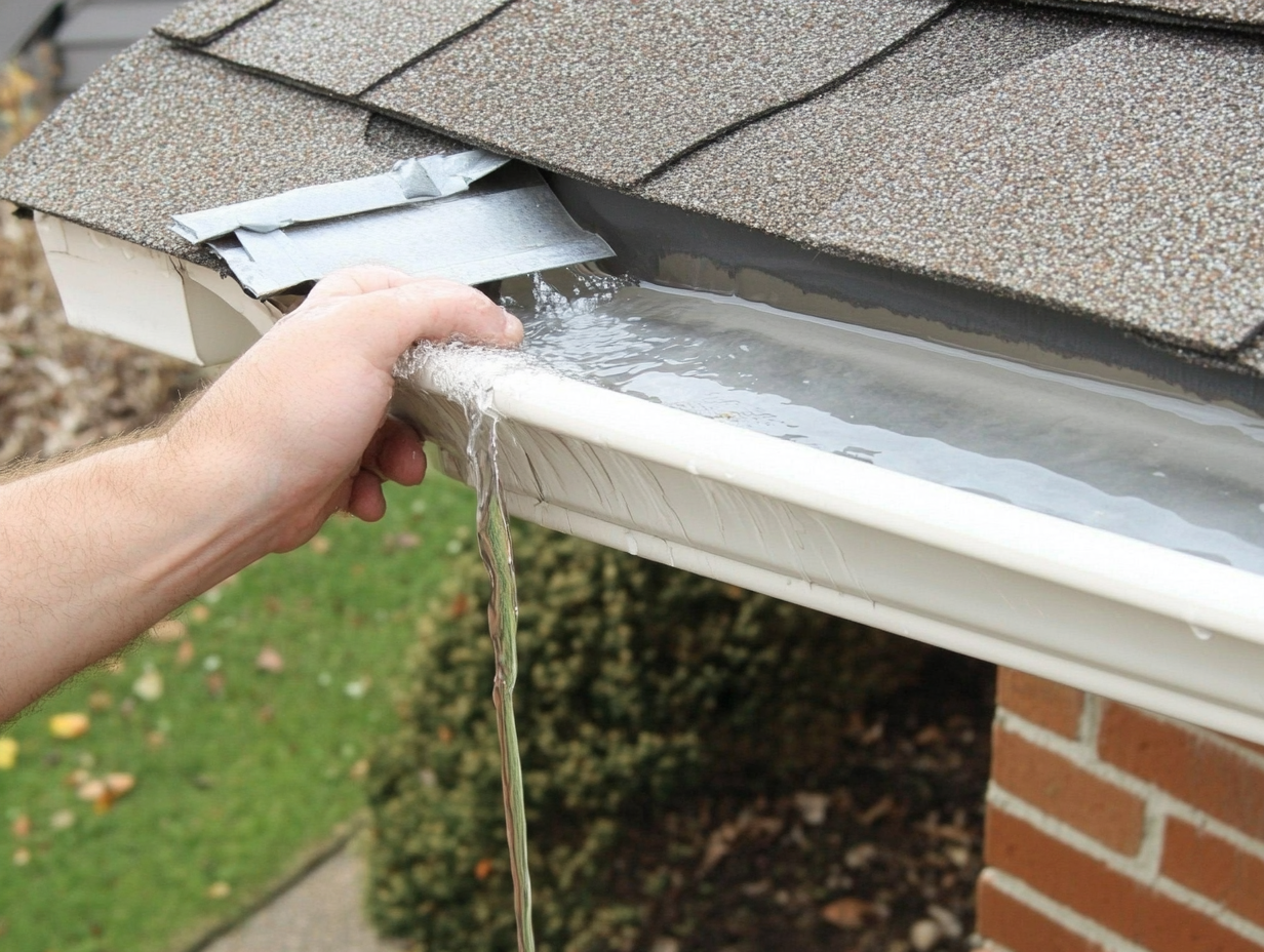A person is holding a gutter with water coming out of it.