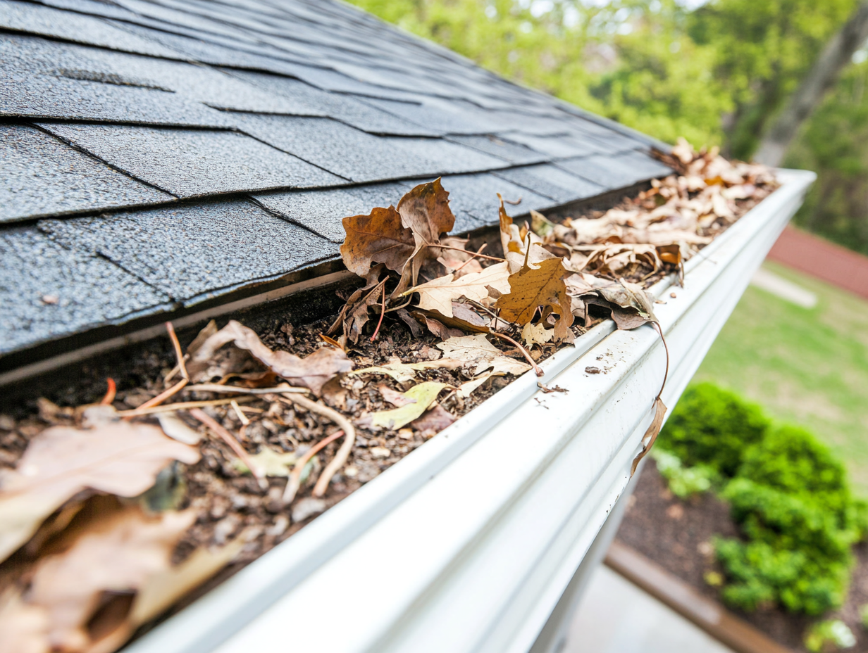 A gutter filled with leaves on the roof of a house.