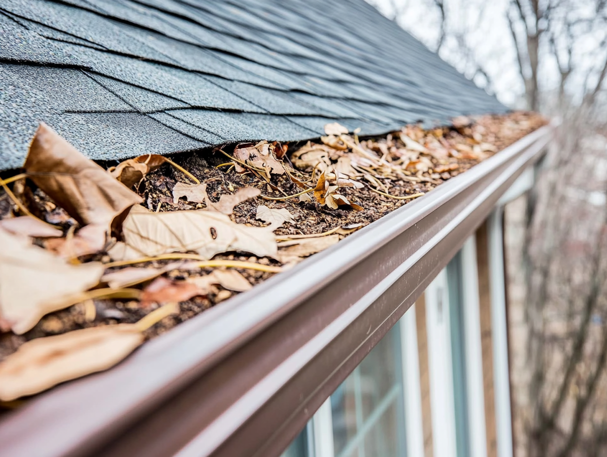 A gutter filled with leaves on the side of a house.