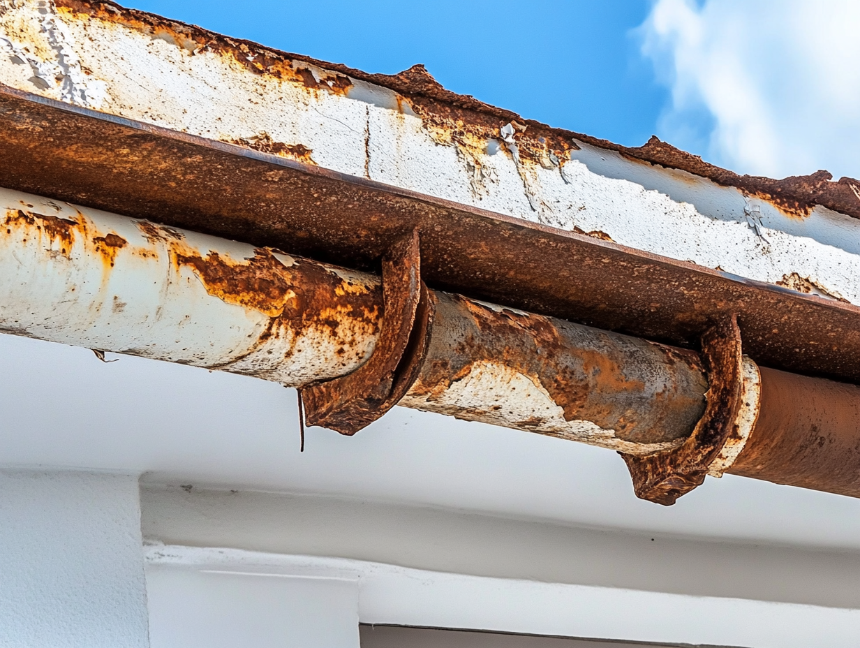 A rusty gutter on the side of a building.