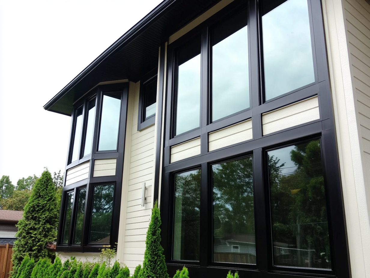 A white and black house with a lot of windows