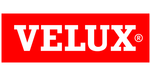 A red and white velux logo on a white background