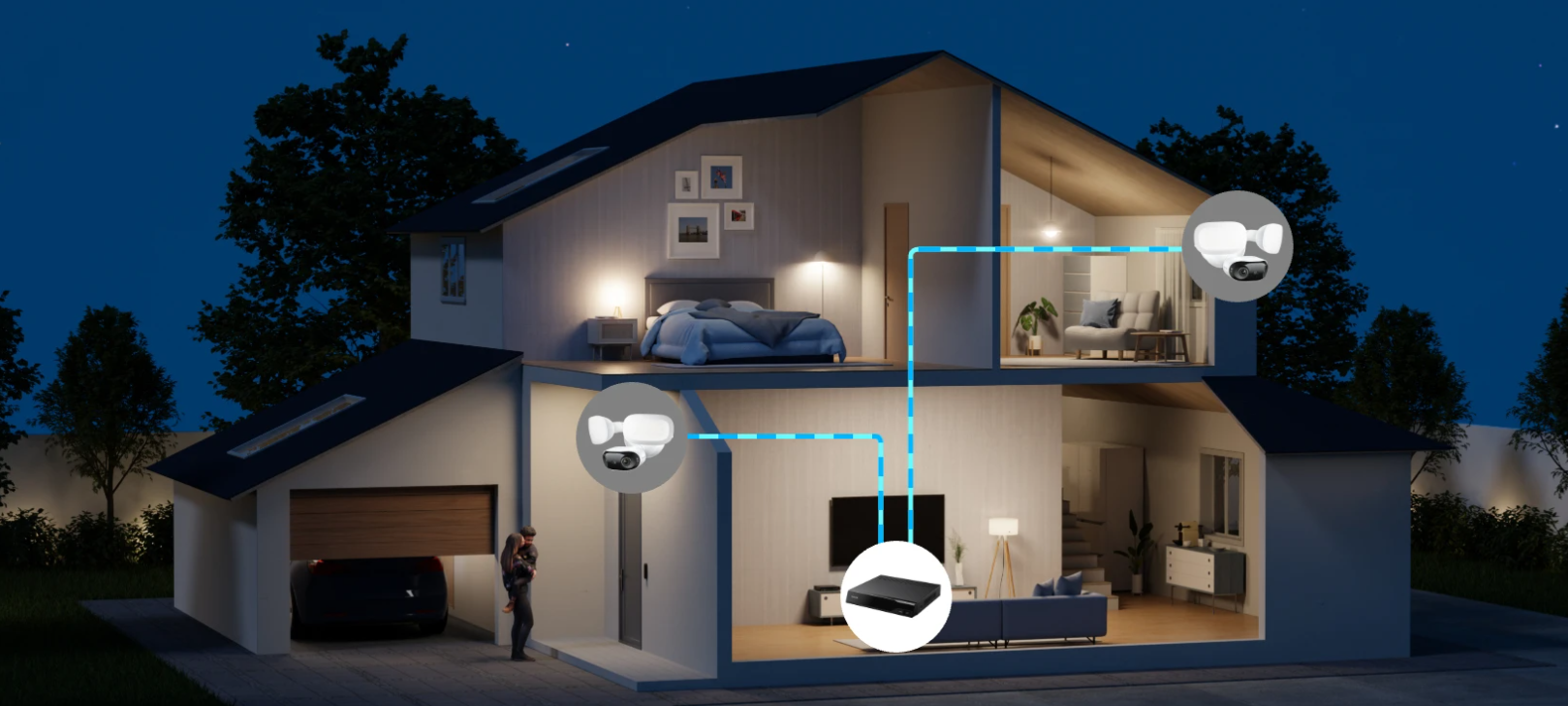Cutaway view of a lit two-story house at night showing smart home devices and connected systems inside
