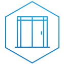 an icon of a door in a hexagon on a white background .