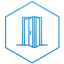 a blue icon of a sliding glass door in a hexagon .