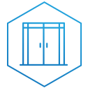 a blue sliding glass door icon in a hexagon on a white background .