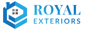 the logo for royal exteriors is a blue hexagon with a house on it .