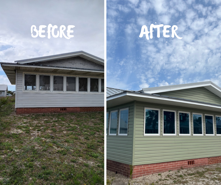 A before and after comparison of a house exterior, showing old grey siding replaced with new sage green horizontal siding.