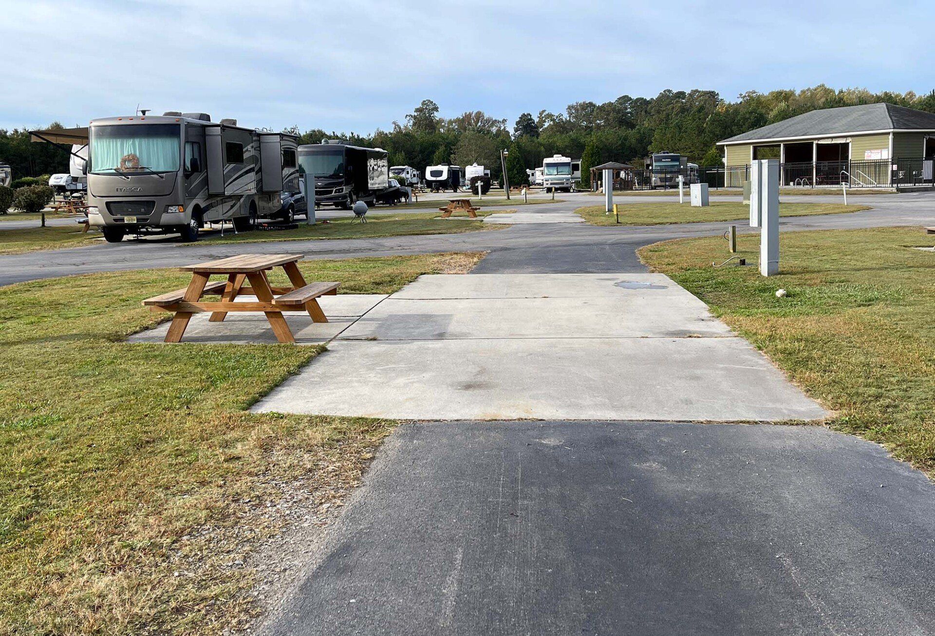 paved pull-through rv site at the rv resort at carolina crossroads, roanoke rapids, nc