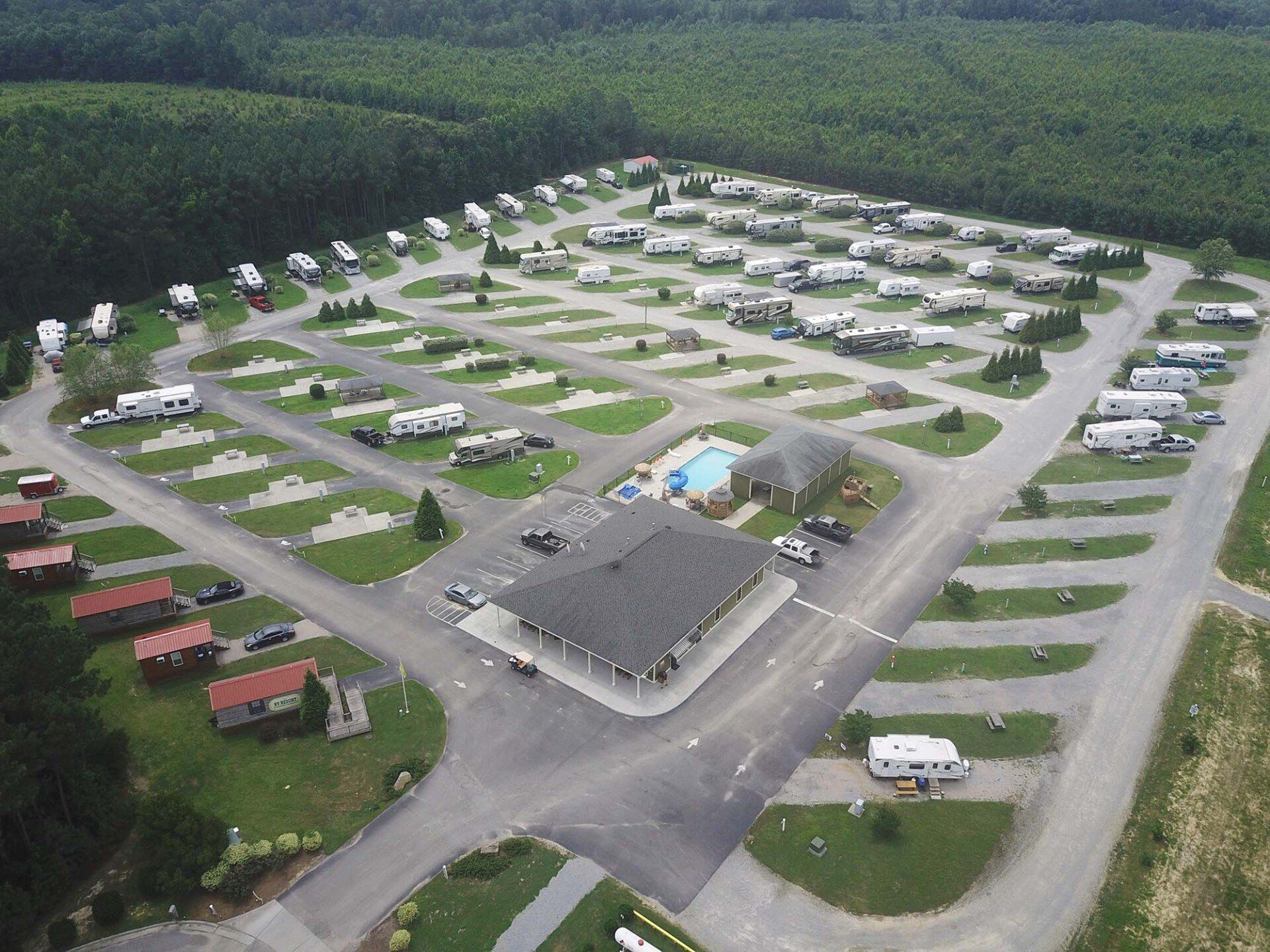Aerial view of the rv resort at carolina crossroads, roanoke rapids, nc