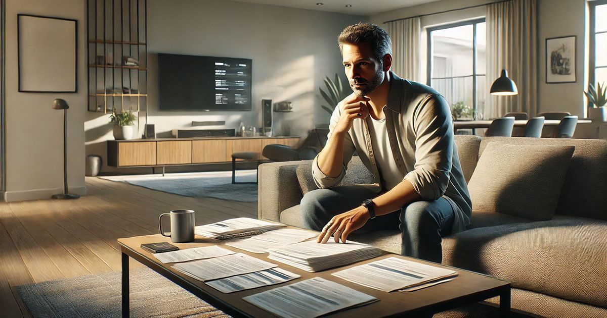 A man is sitting on a couch in a living room looking at papers on a table.