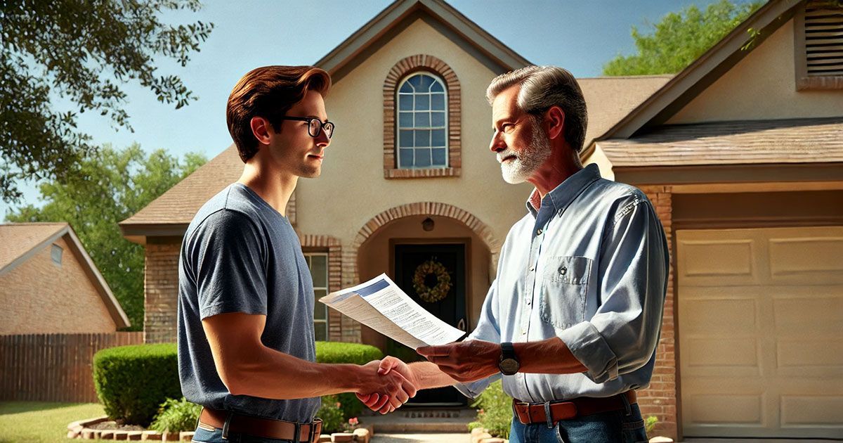 Two men are shaking hands in front of a house.