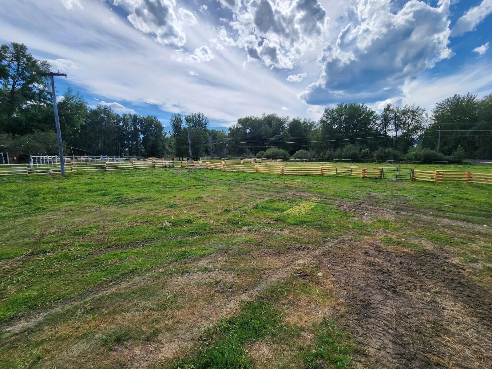 A large grassy field with a wooden fence and trees in the background.