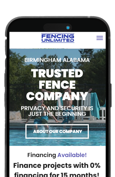 A cell phone displaying a website for a trusted fence company in birmingham alabama.