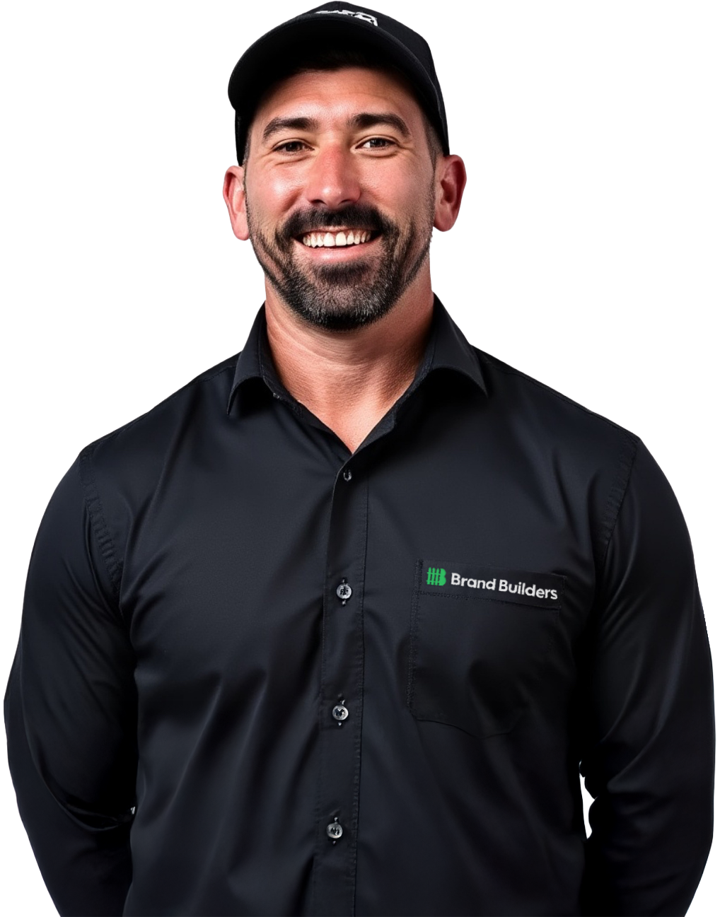 A man with a beard is wearing a black shirt and a hat.