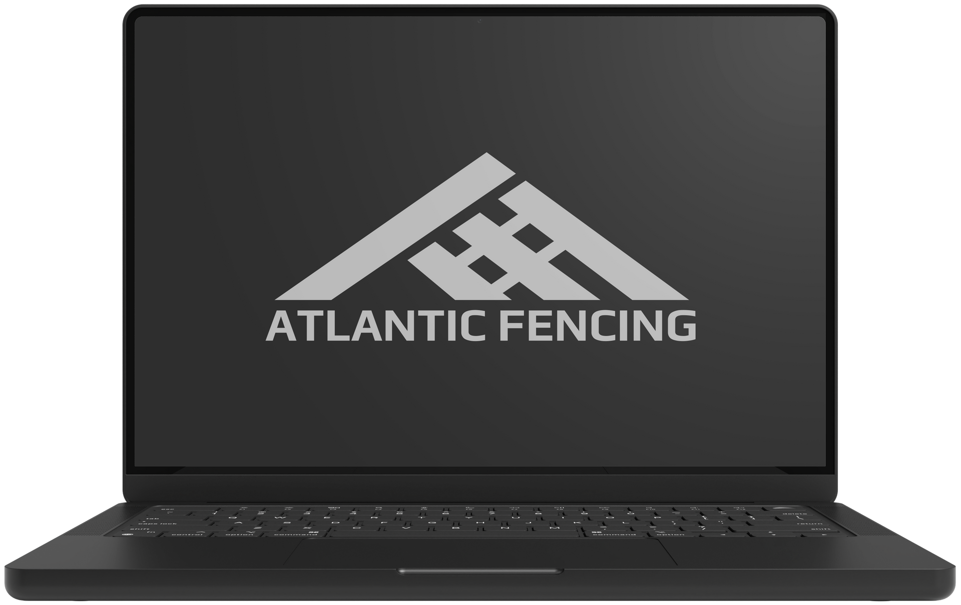 Black laptop displaying the Atlantic Fencing logo on a dark screen