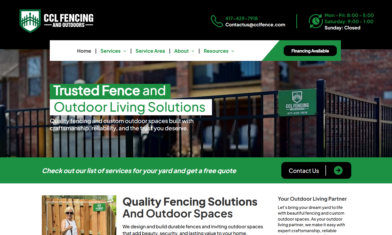 The website homepage for CCL Fencing and Outdoors, featuring a black iron fence, green accents, and service information.