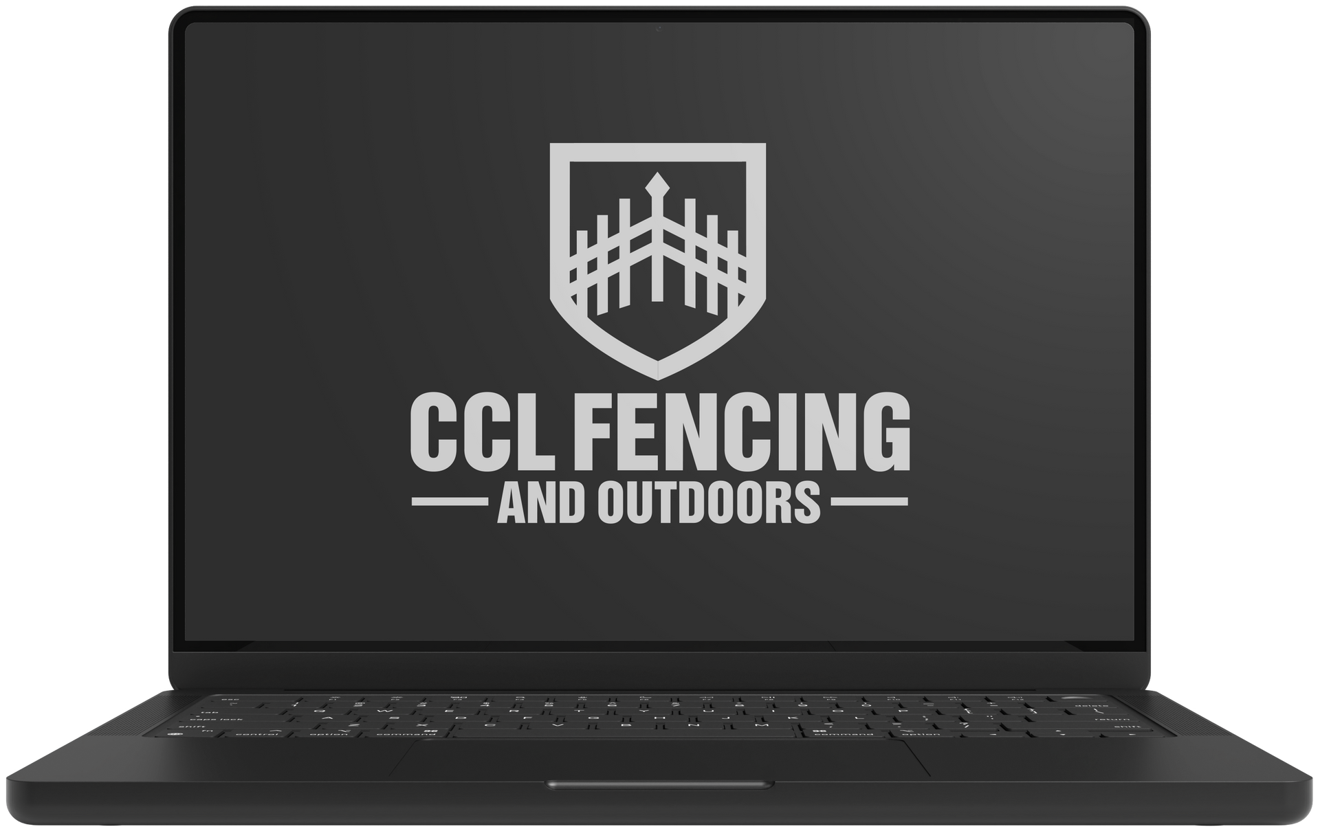A black laptop displaying the CCL Fencing and Outdoors logo, which features a white fence shield icon on a dark screen.