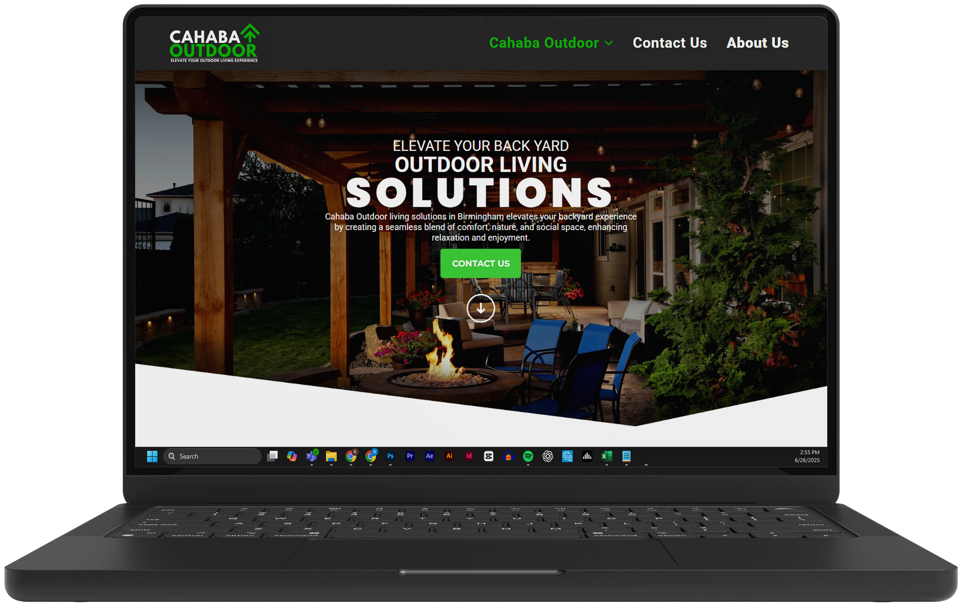 Laptop displaying a website for outdoor living solutions with a patio scene and green call-to-action button