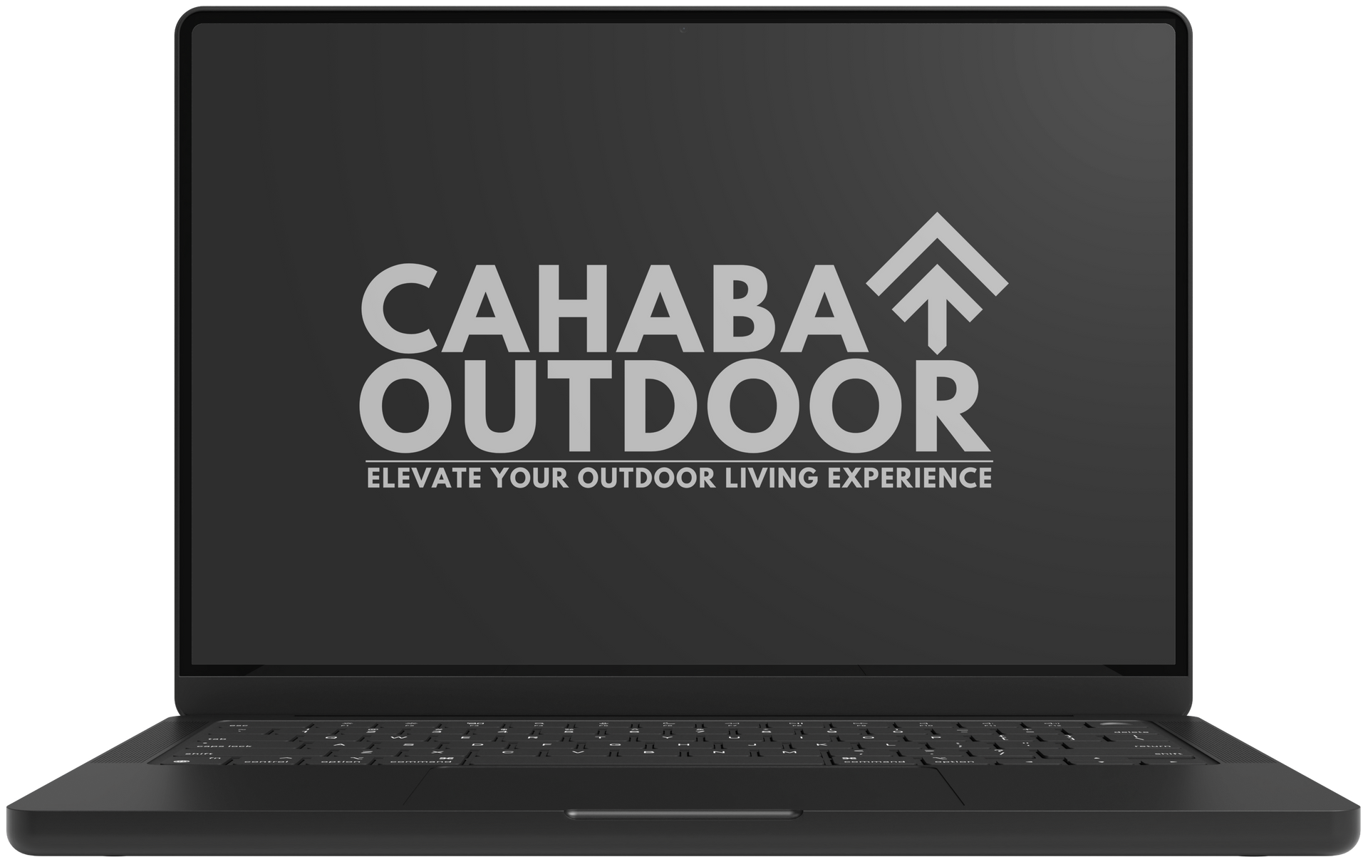 Black laptop displaying the Cahaba Outdoor logo on a dark screen