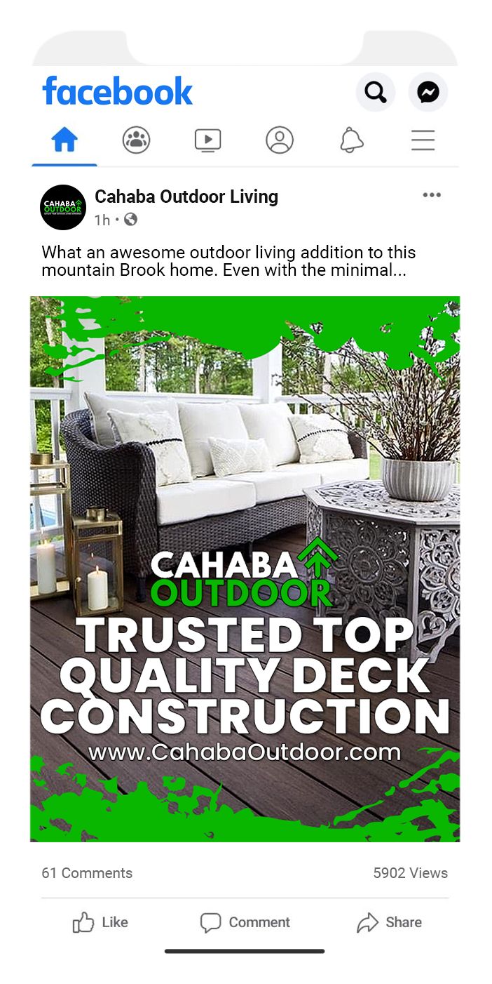 Facebook post ad for CahaBa Outdoor, showing a white sectional on a deck with “Trusted top quality deck construction” text.