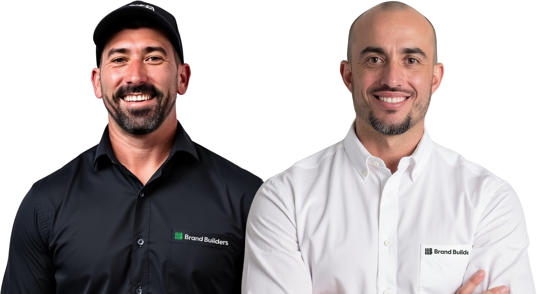 Two men are standing next to each other with their arms crossed and smiling.