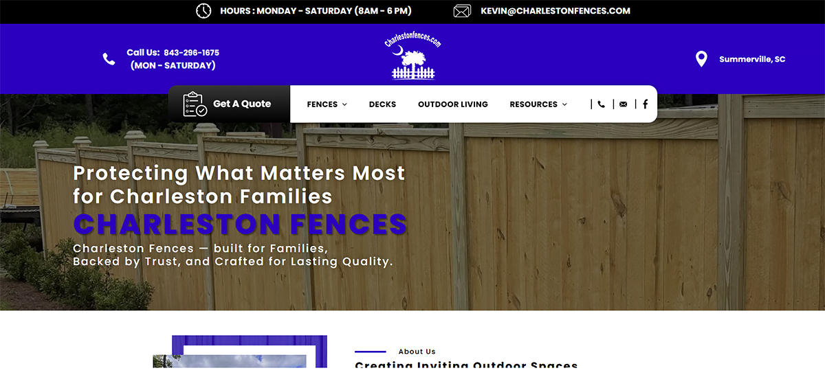 The website for charleston fences shows a picture of a wooden fence.