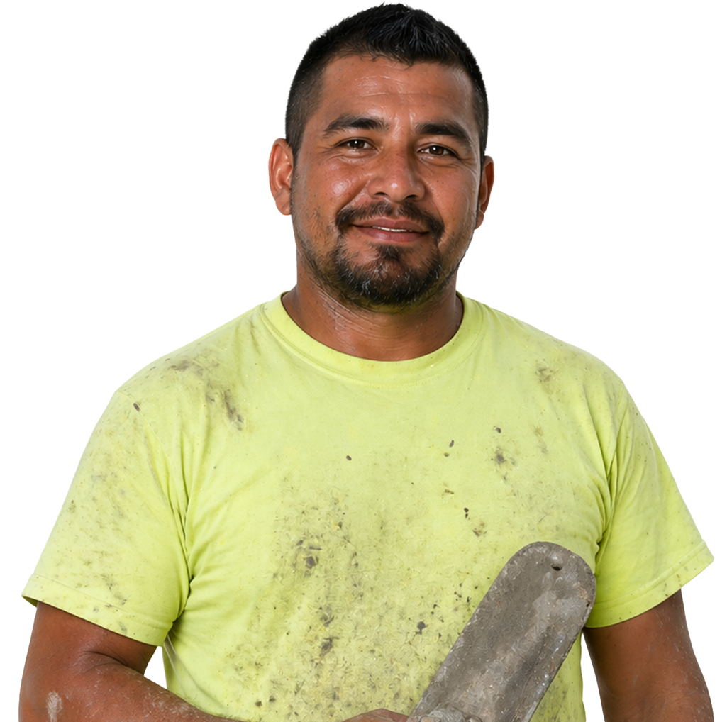 Man in a neon yellow T-shirt holding a dusty trowel against a white background