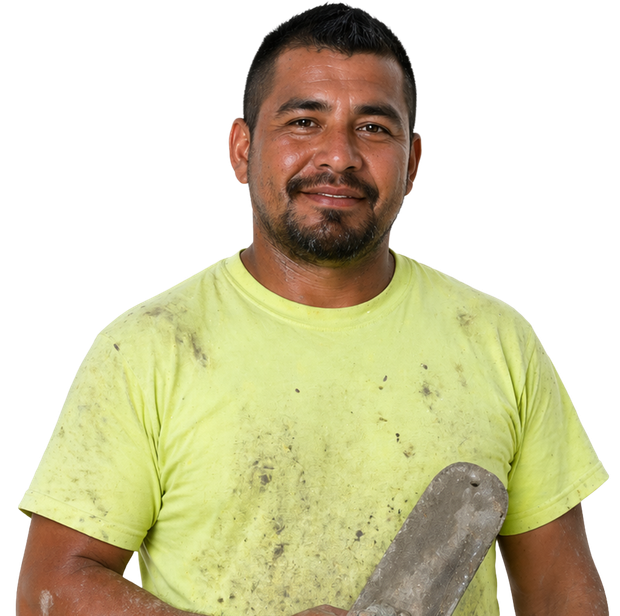 Man in a neon yellow T-shirt holding a dusty trowel against a white background