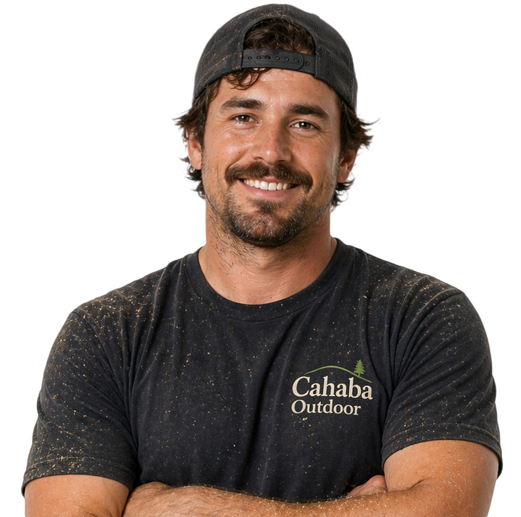 Smiling man in a backward cap wearing a dark Cahaba Outdoor T-shirt with arms crossed.