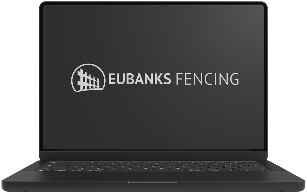 A laptop with the eubanks fencing logo on the screen