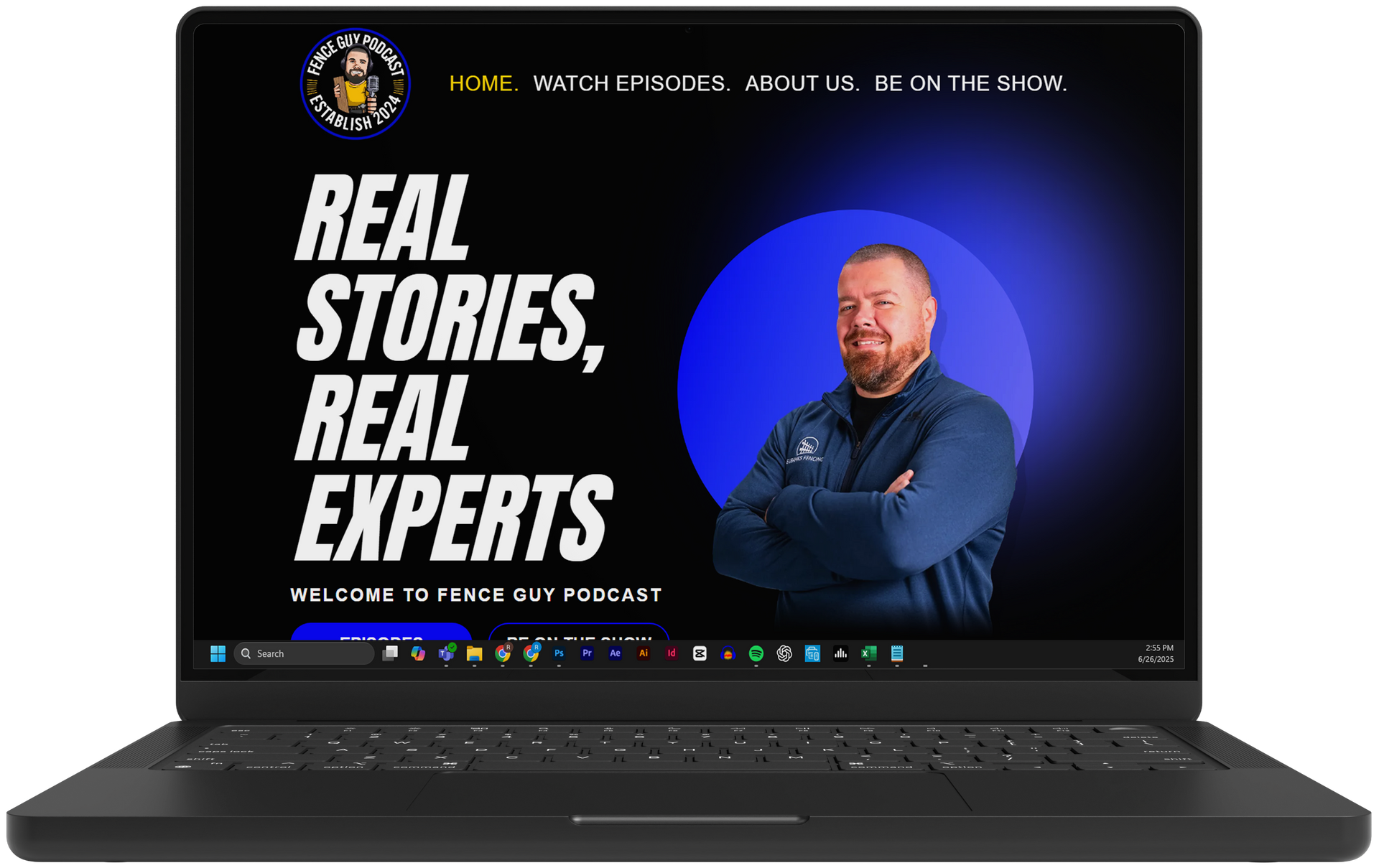 Laptop screen showing “REAL STORIES, REAL EXPERTS” podcast promo with a man on a blue background
