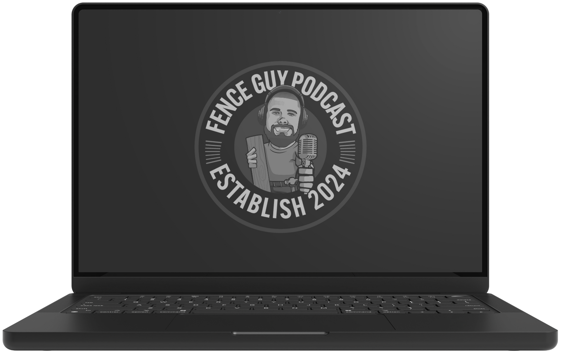 Laptop displaying the Fence Guy Podcast logo on a dark screen