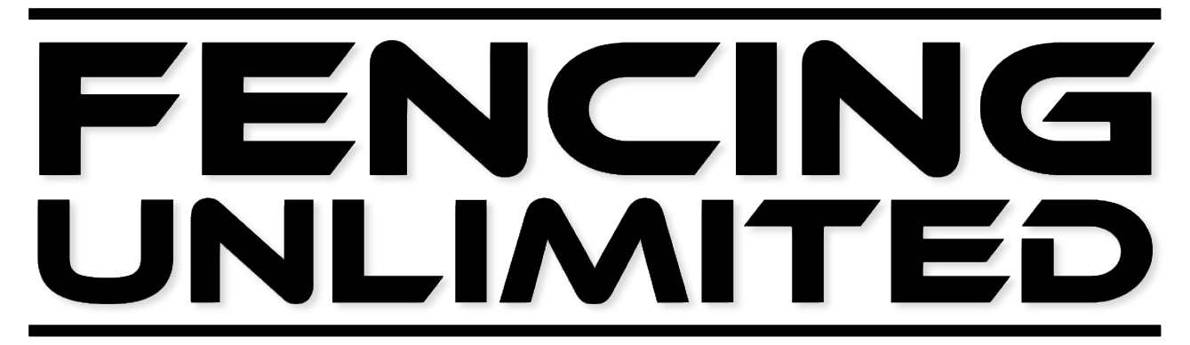 A black and white logo for fencing unlimited.