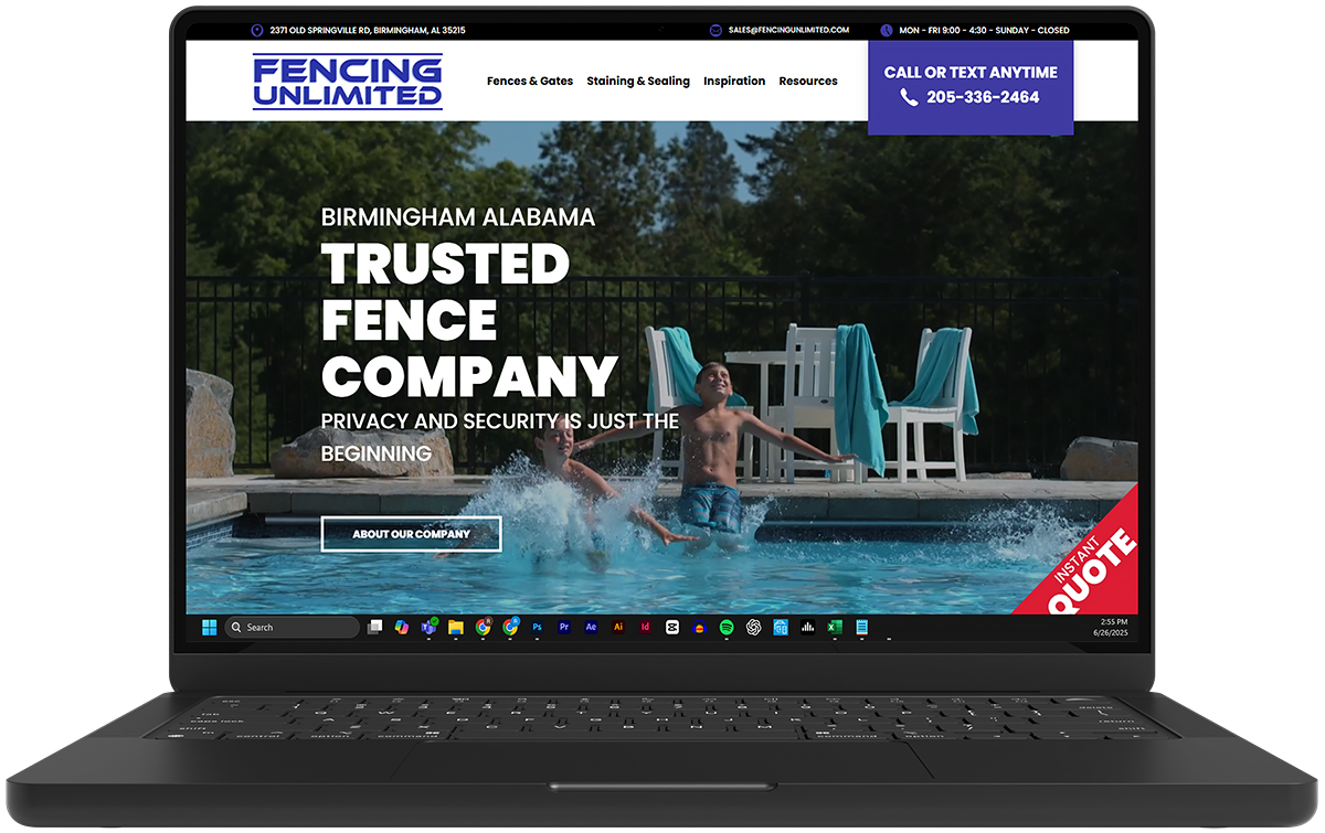 A laptop computer is open to a website for a trusted fence company.
