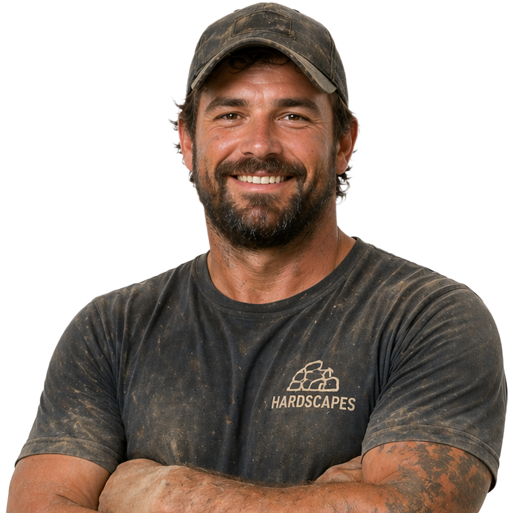 Smiling man in a cap with crossed arms, wearing a dusty Hardscapes T-shirt on a white background