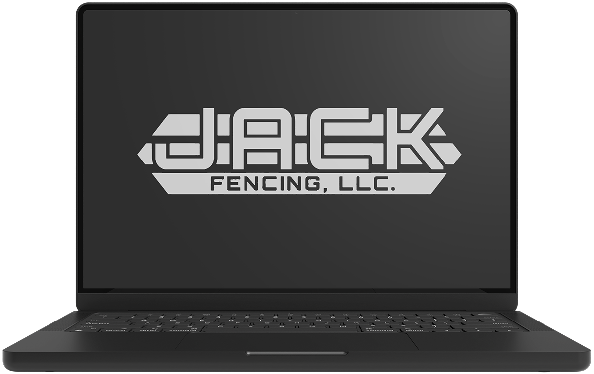 A black laptop with the jack fencing llc logo on the screen