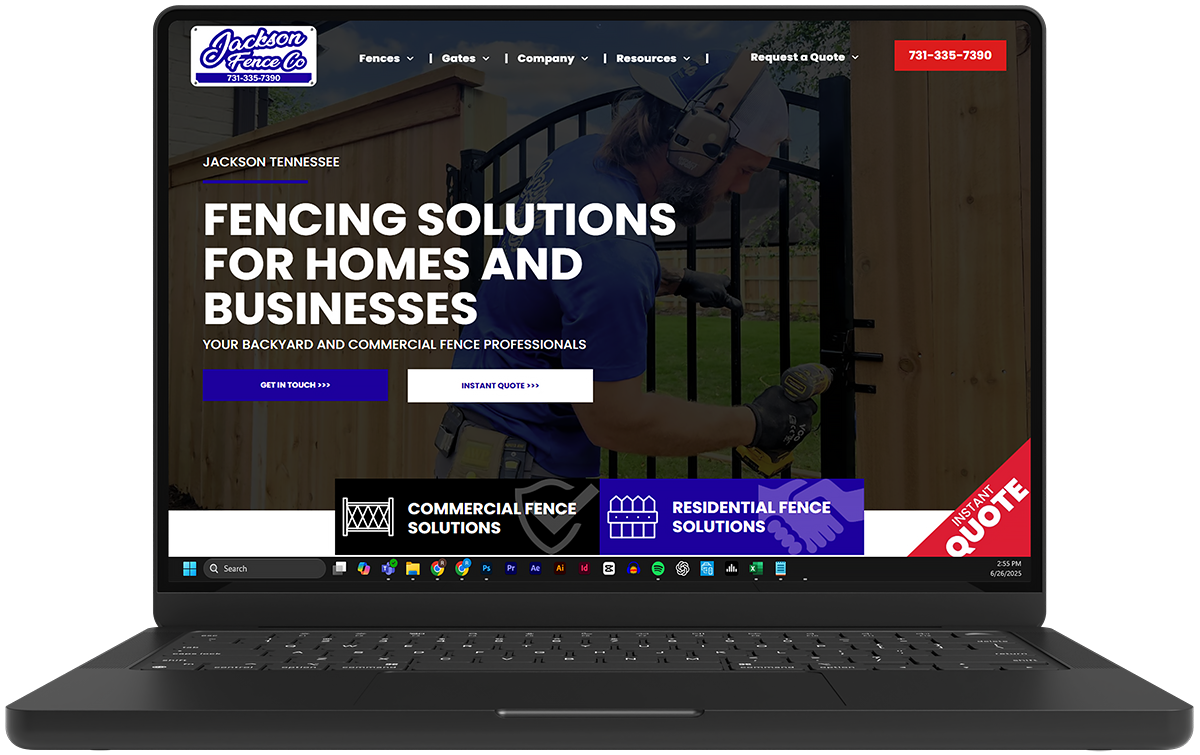 A laptop computer is open to a website for fencing solutions for homes and businesses.