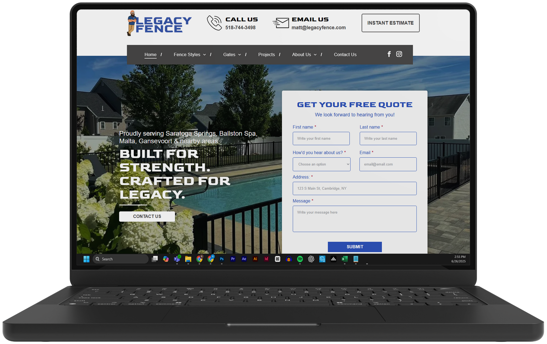Laptop displaying a website with a home renovation quote form and a house exterior hero image
