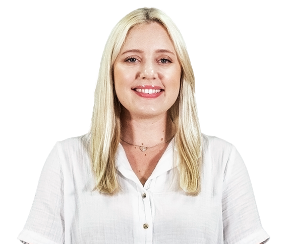 A woman with blonde hair is wearing a white shirt and smiling.