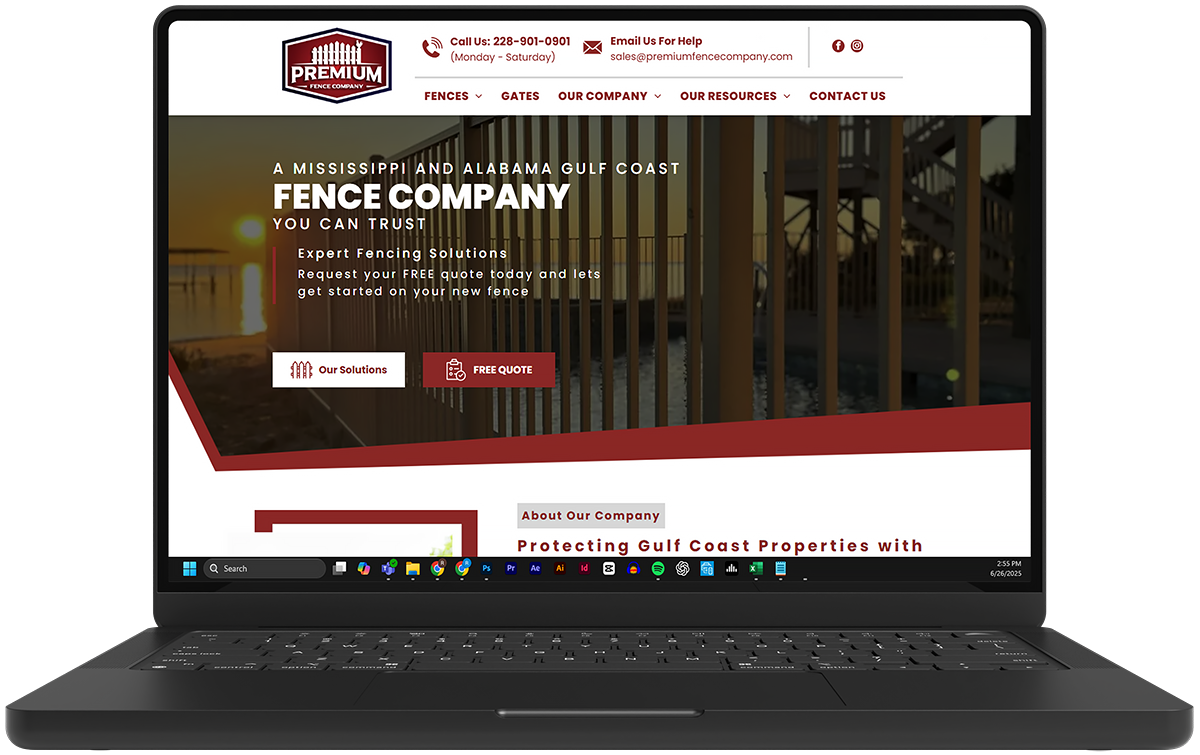 A laptop computer is open to a website for a fence company.